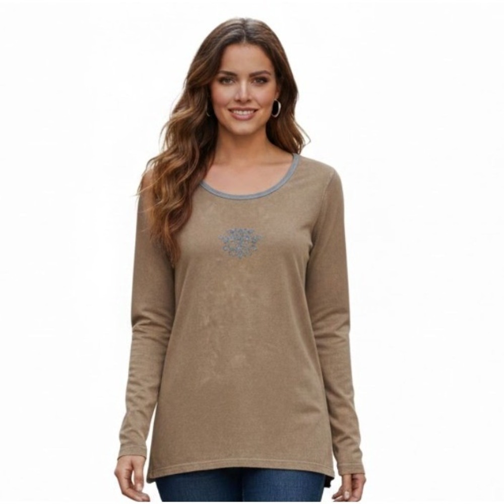 One World Women Tan L Top Long Sleeve Floral Embellished Mineral Wash Boho Tribe